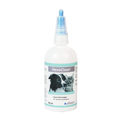 alfavet HexoClean saurer Ohrreiniger für Hunde und Katzen mit ohrfreundlichem Weichgummiapplikator mit Chlorhexidin und Salicylsäure 150 ml