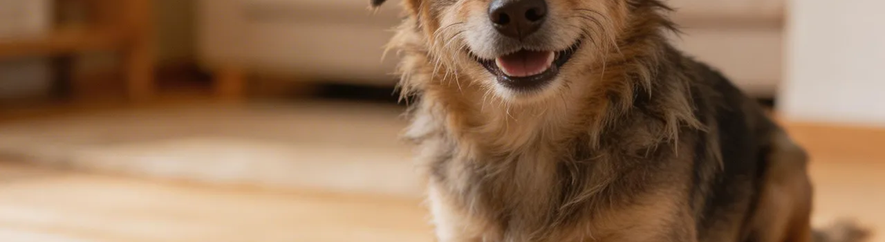 Mischling vor leerem Fressnapf