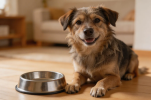 Mischling vor leerem Fressnapf