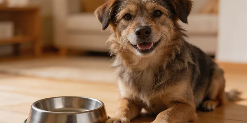 Mischling vor leerem Fressnapf