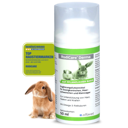 alfavet RodiCare Derma Ergänzungsfuttermittel zur Unterstützung von Haut, Haaren und Krallen für Zwergkaninchen, Meerschweinchen und Kleinnager 50 ml